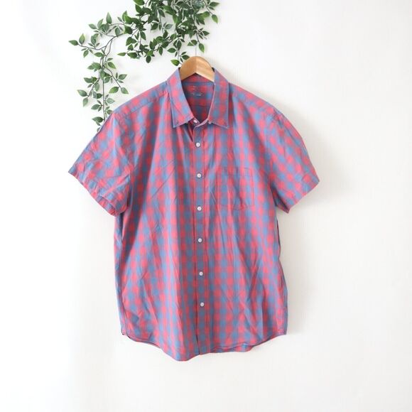 J.Crew Men's Light Weight Shirt Short Sleeve Pink Blue Check Button Front XL - Picture 1 of 4
